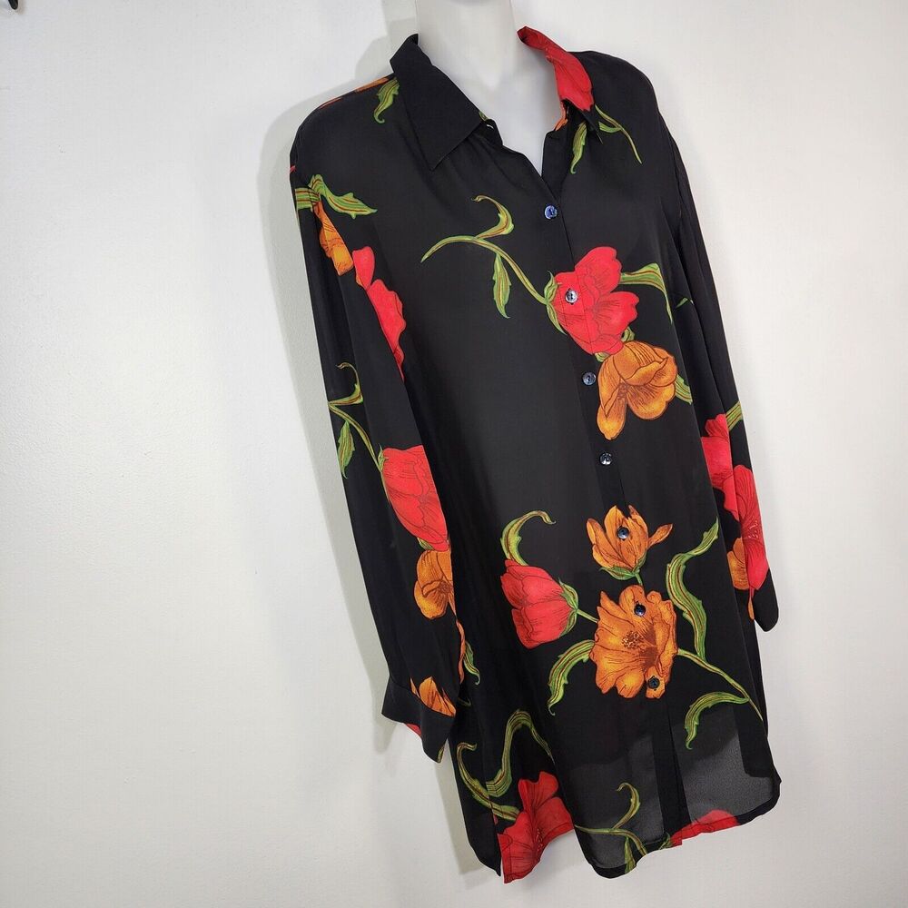 Chicos Design Top Sz 1 Medium 100% Silk Black Red Floral Sheer Vtg Button Tunic - Picture 4 of 9